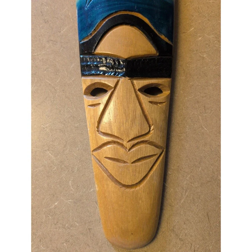 Large Hand Carved Wooden Tribal Face Wall Mask W/Dolphin Carvings 20x4